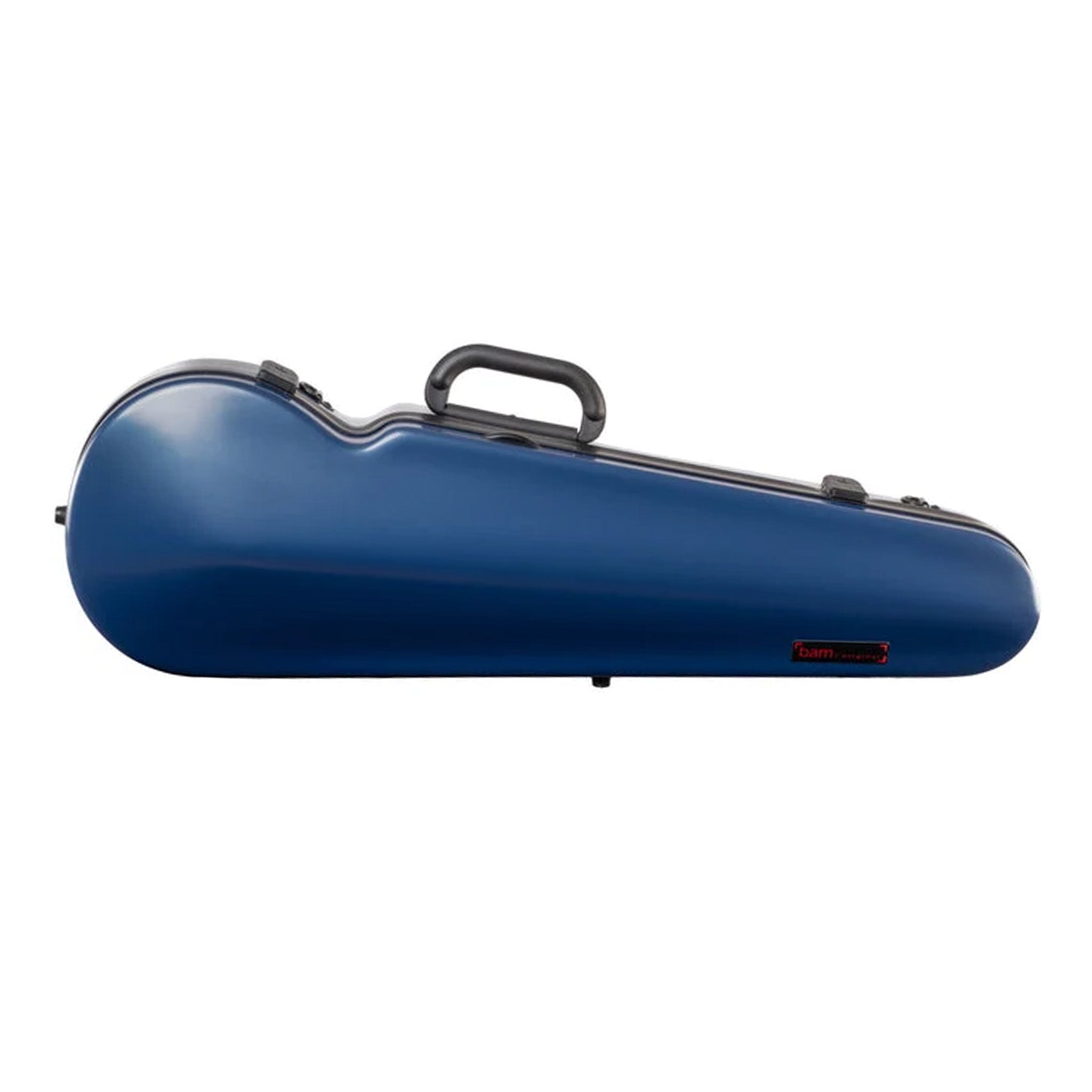 A blue hard-shell violin case with a black handle and black latches, shown from a side profile view on a white background.