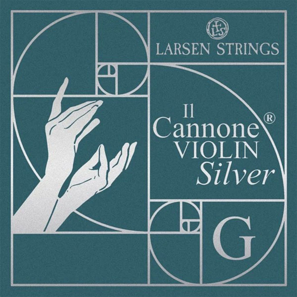 Larsen Il Cannone Silver violin G string package, teal box with silver golden-spiral and hands artwork