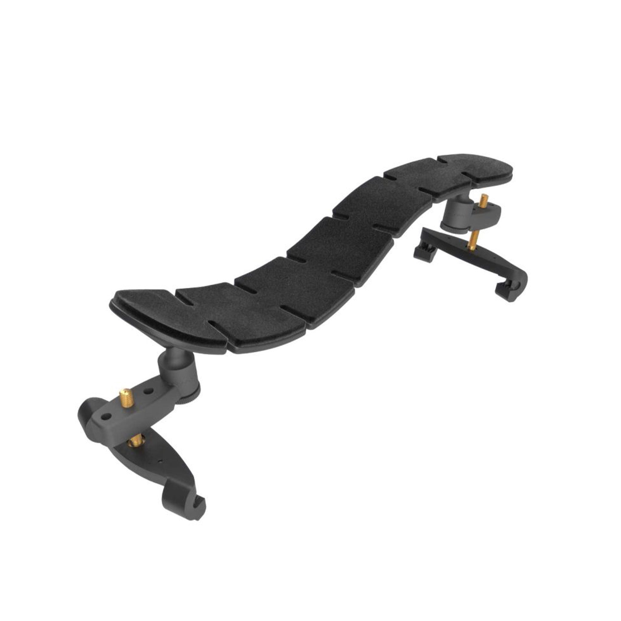 Black flexible violin shoulder rest on a white background
