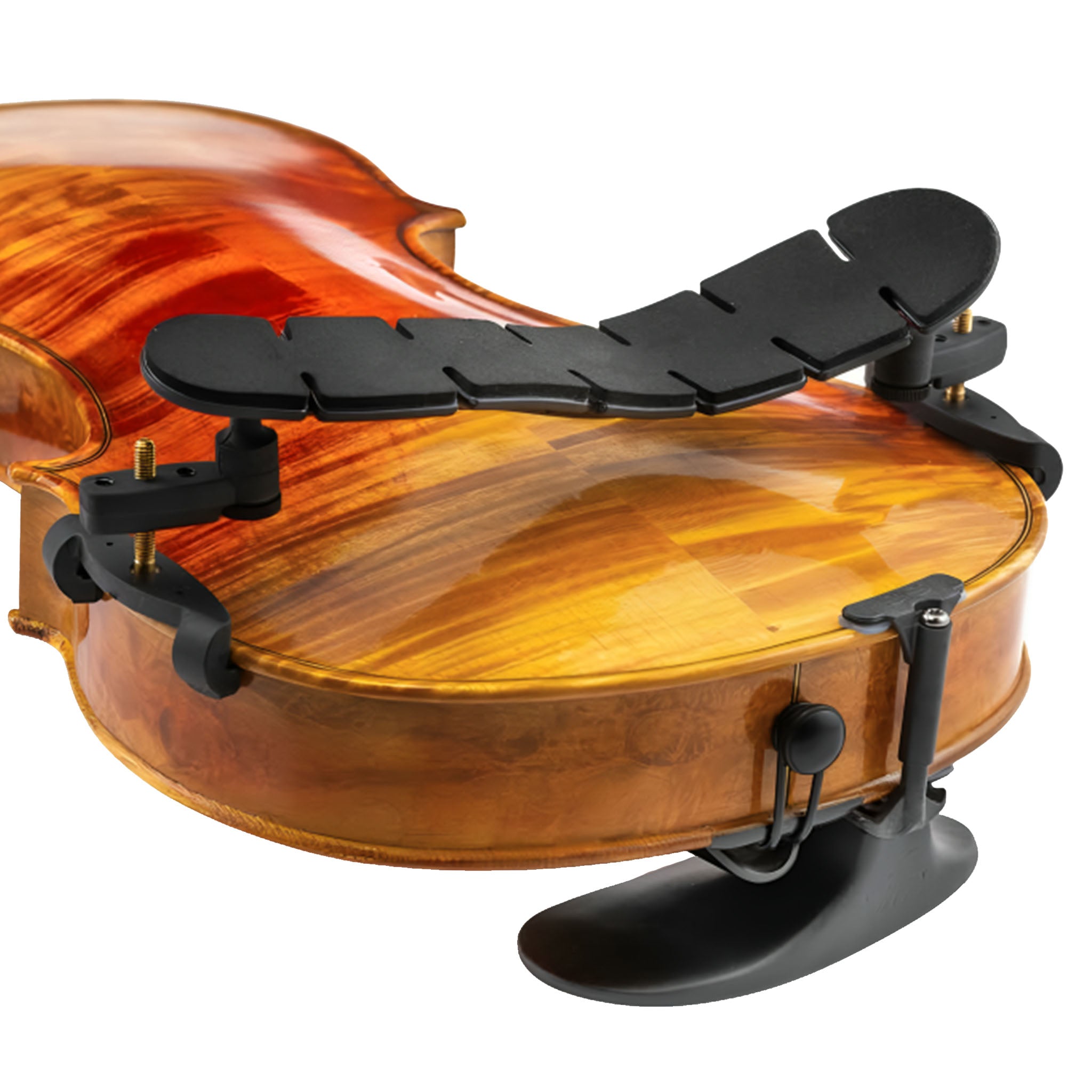 Violin with a black shoulder rest on a white background