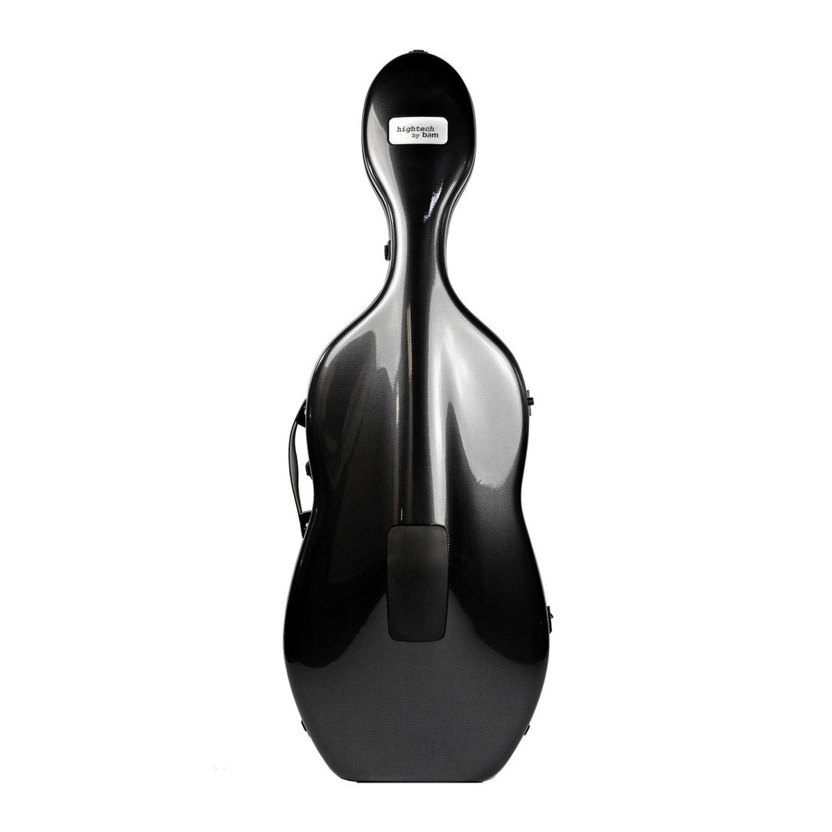 A glossy black cello case shown from the front against a plain white background.