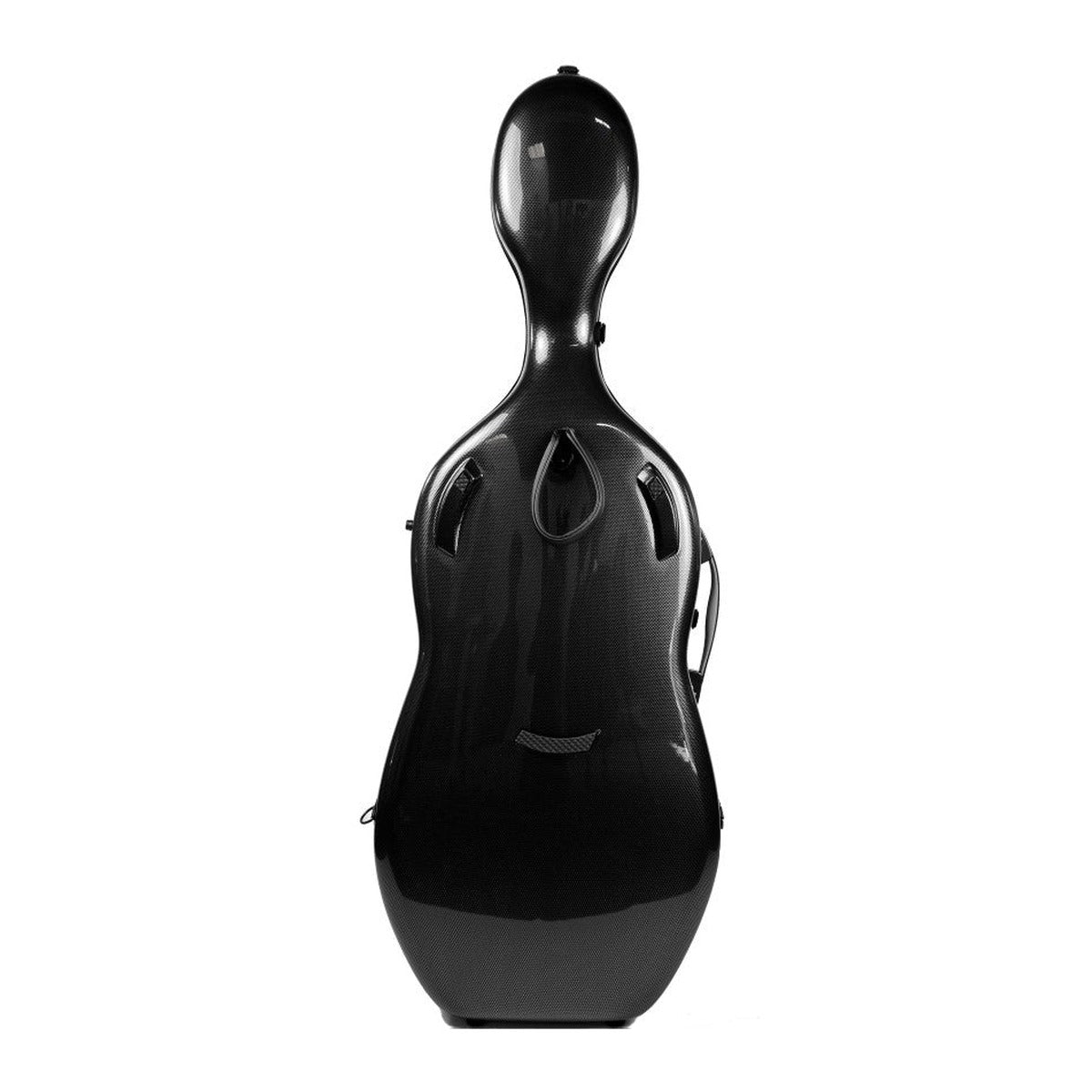 A glossy black cello case shown from the back against a plain white background.