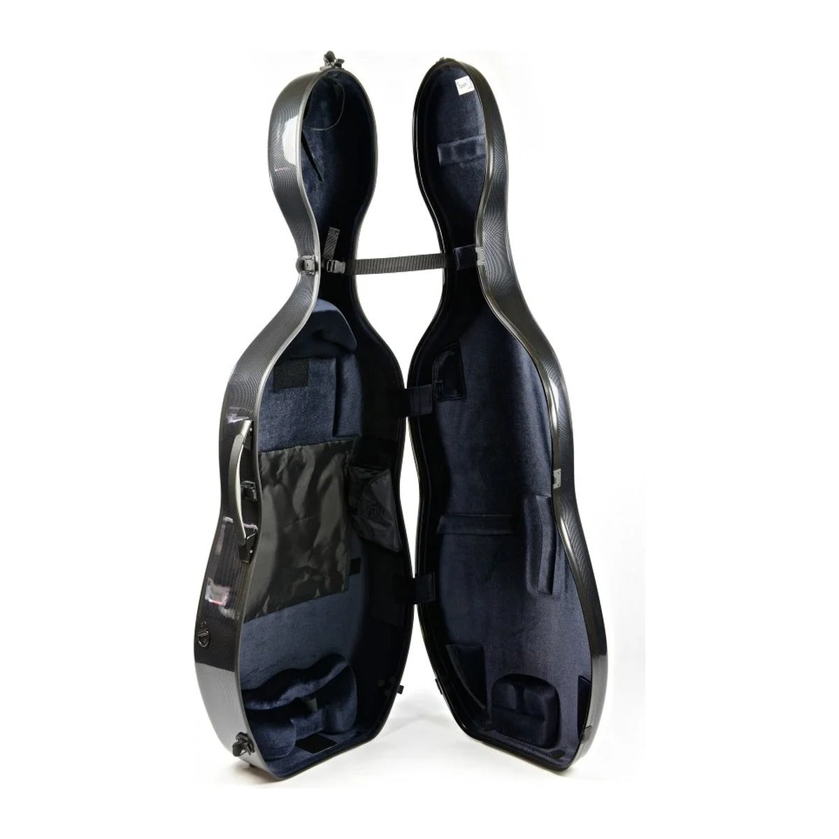 An open black hard cello gig case with a dark blue velvet interior lining, shown against a plain white background.