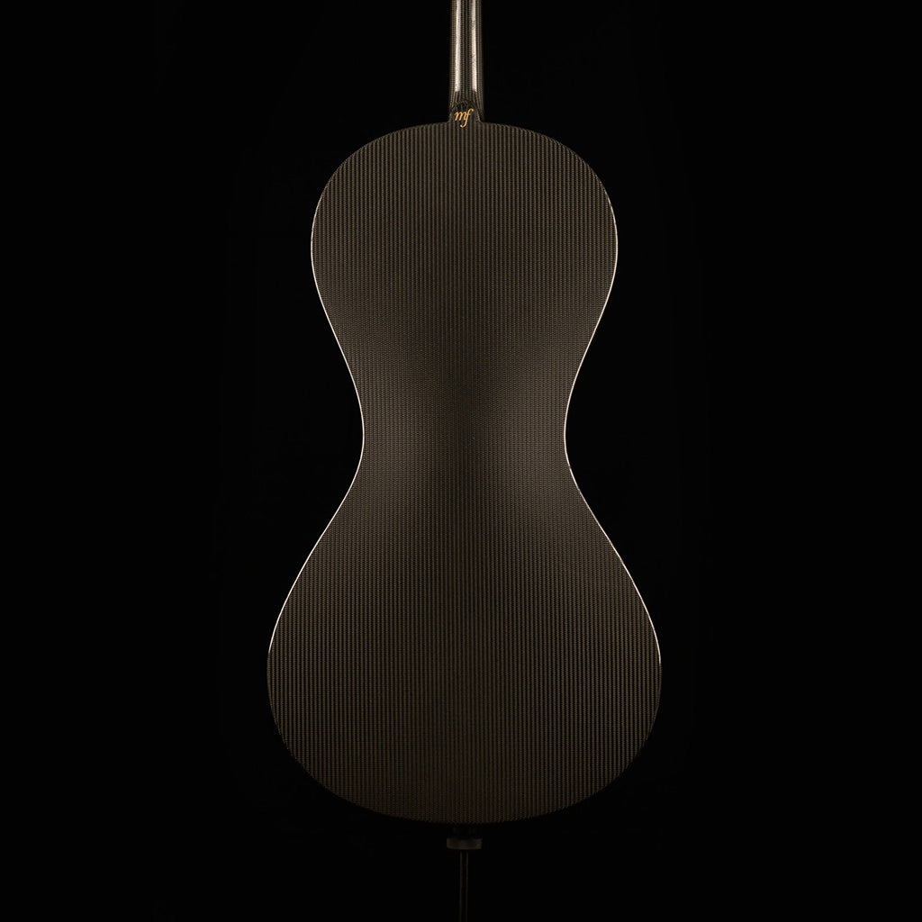 Back of a Mezzo-Forte carbon fiber cello, showing the smooth woven carbon pattern and a gold mf logo near the neck, on a black background.
