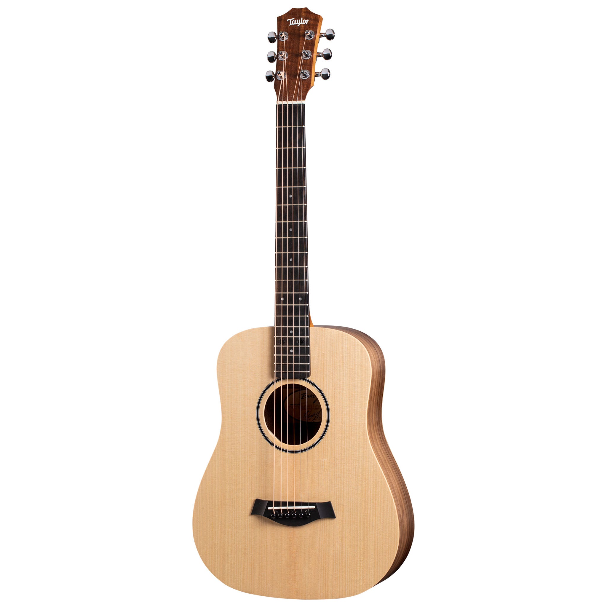 A Taylor Baby Taylor BT1 Layered Walnut Acoustic Guitar with a natural finish, displayed vertically with the headstock on the left.