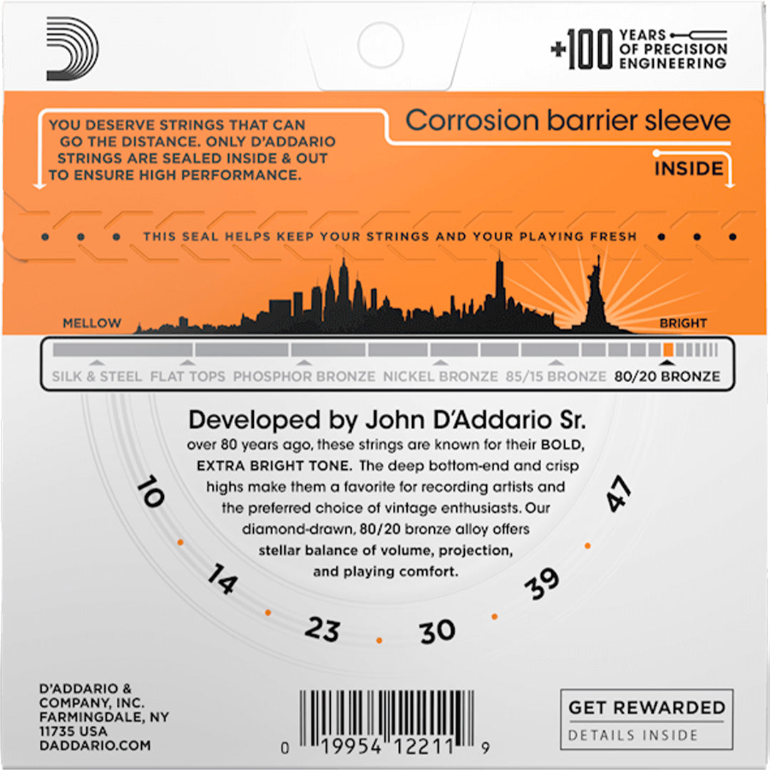 D'Addario EJ10 80/20 Bronze Acoustic Guitar String Set, Extra Light
