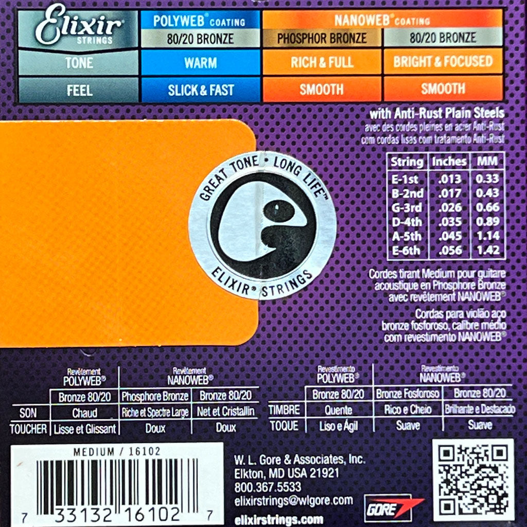 Elixir Phosphor Bronze Acoustic Guitar String Set, Medium
