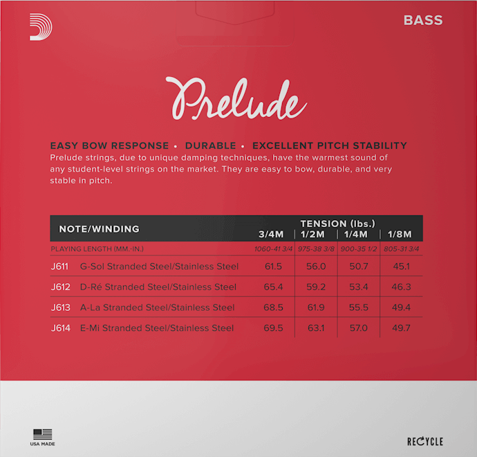 D'Addario Prelude Bass String Set, Medium Tension