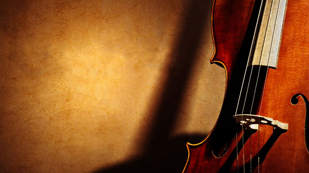 Close-up of a cello featuring its rich reddish-brown wood finish, fingerboard, strings, and bridge against a warm, textured golden background