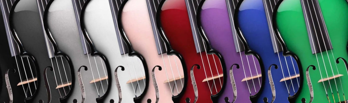 Glasser acoustic-electric violas of different colors, lined up