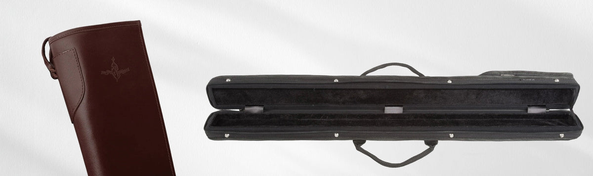 Two bow cases, one is a leather bass bow quiver, and the other is a black single bow holder.