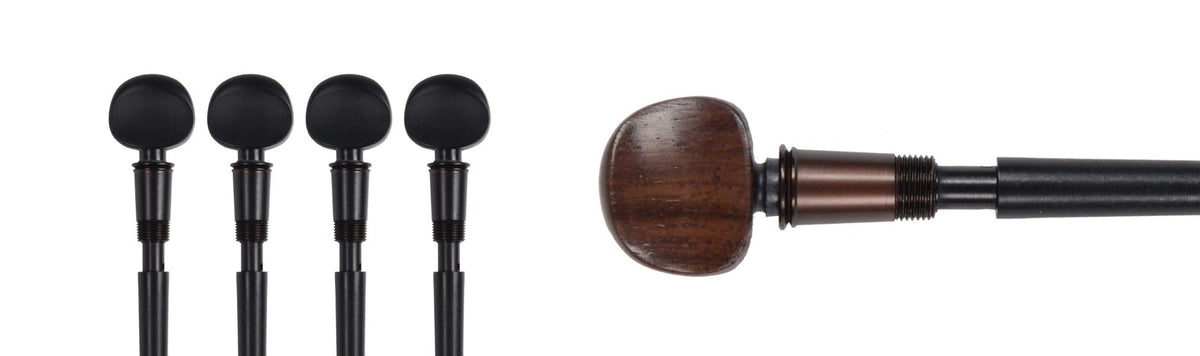 Four black Knilling Perfection Planetary geared pegs shown alongside a close-up of a single brown wood peg, all on a white background
