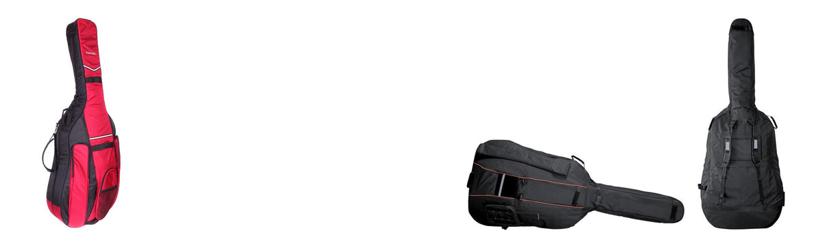 Front and back of black double bass case next to a red double bass gig bag