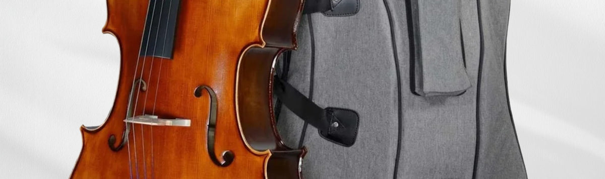 Close up on the middle of a Fiddlershop beginner cello and Fiddlershop gig bag next to each other