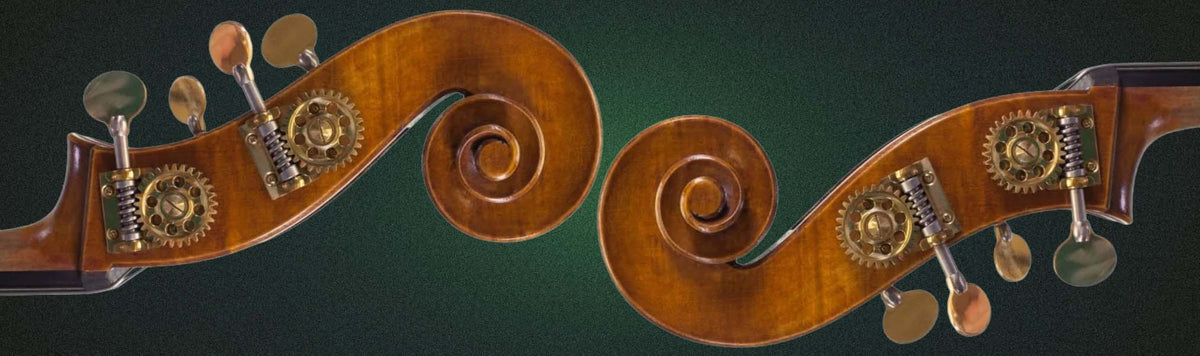 Two professional advanced double bass scrolls on dark green elegant background
