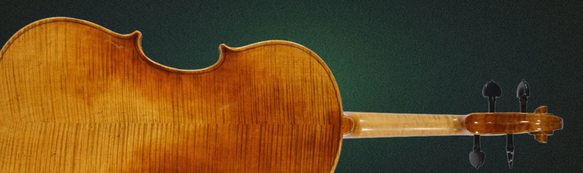 Close-up of a wooden violin or cello body showing the glossy varnished wood grain and part of the neck against a dark green background.