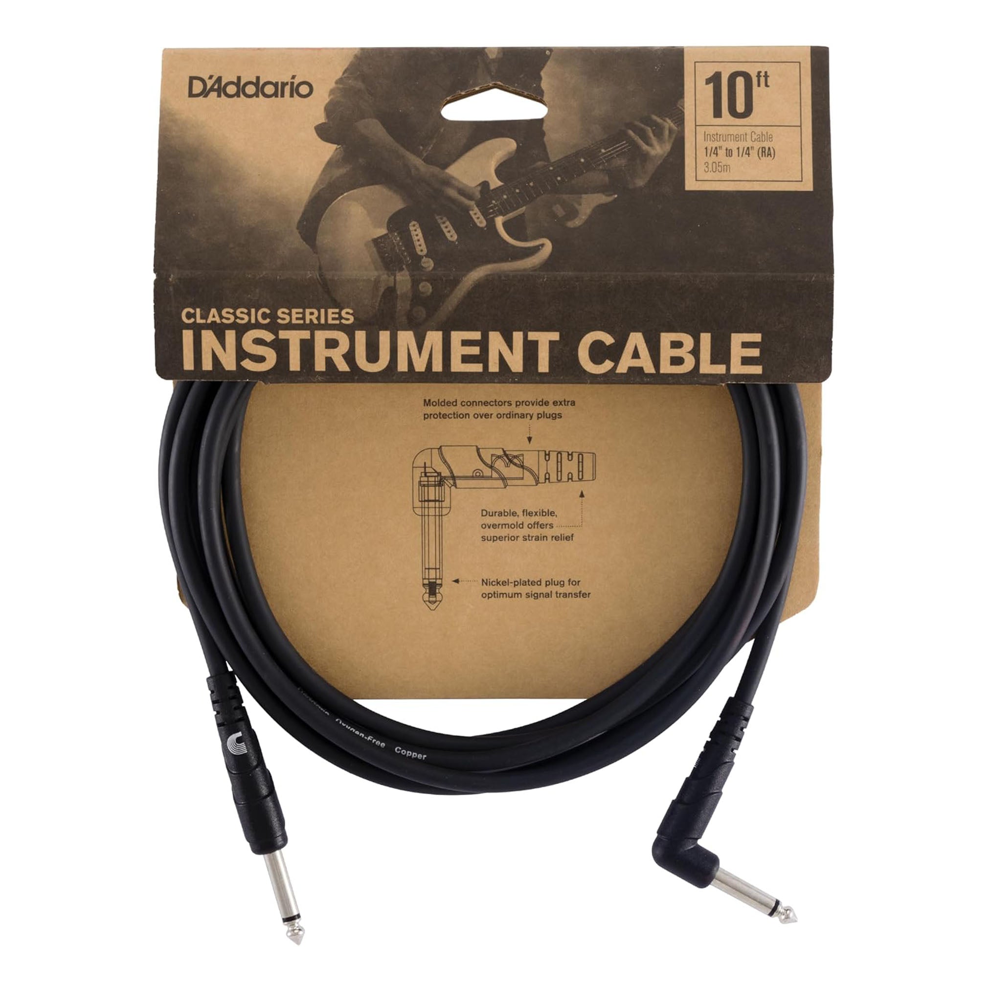 D'Addario Classic Series 1/4" Right Angle Instrument Cable 10'