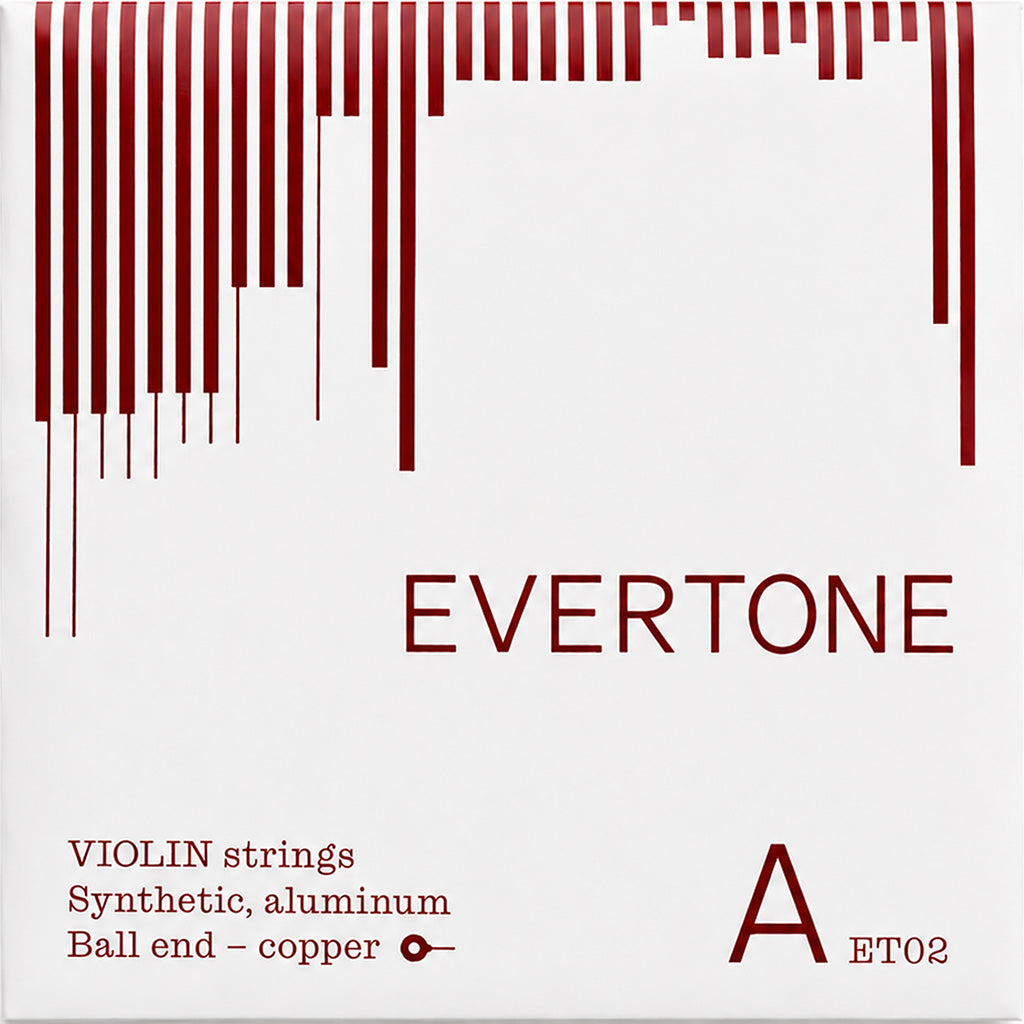 Evertone violin string set packaging with red and white design