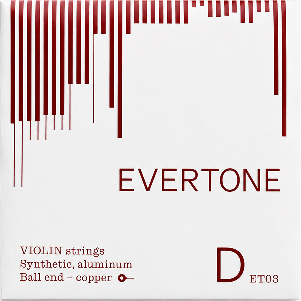 Evertone violin strings packaging with red and white design