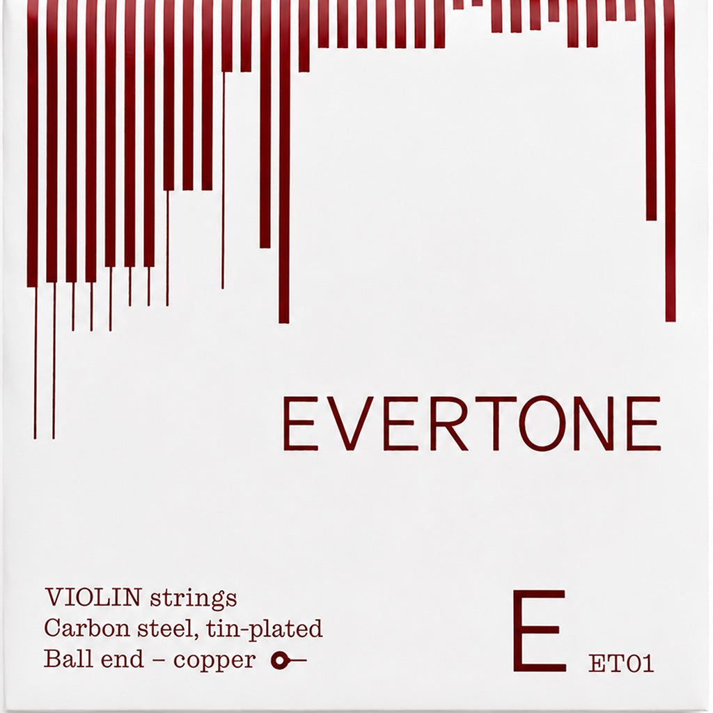 Evertone violin string set packaging with red and white design