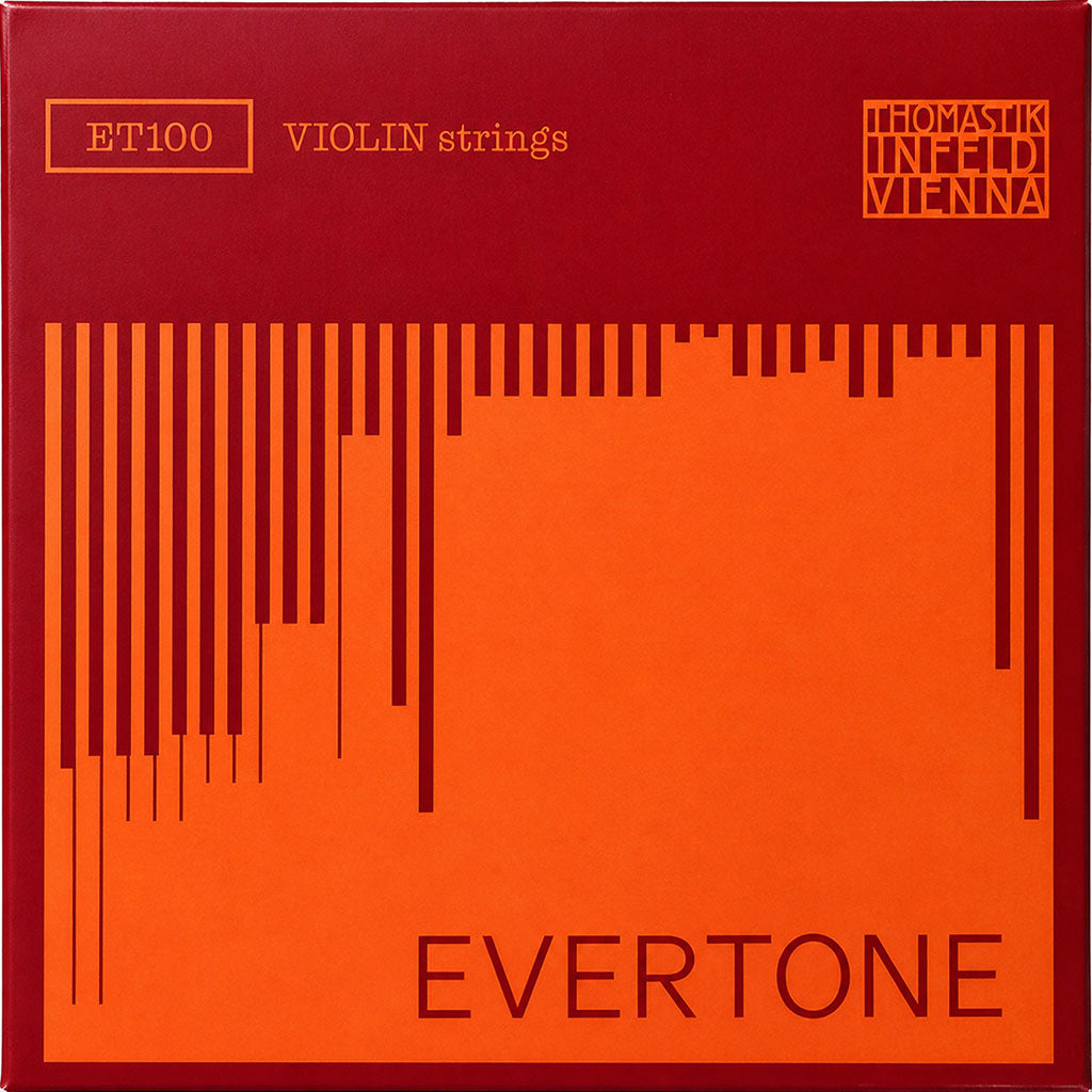 Evertone violin strings packaging with red and orange design