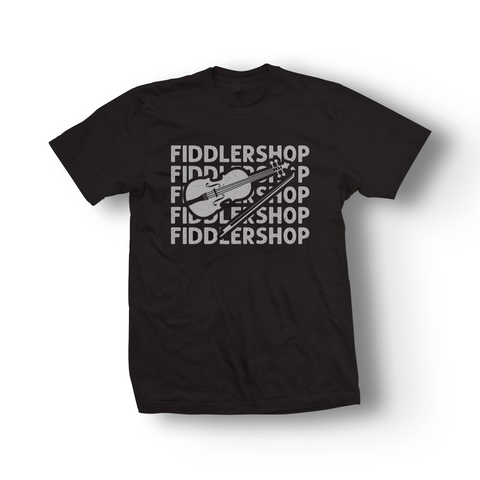 Fiddlershop Funky Tee. 5 repetitive prints of Fiddlershop, with a violin centerpiece. Black t-shirt with white print.