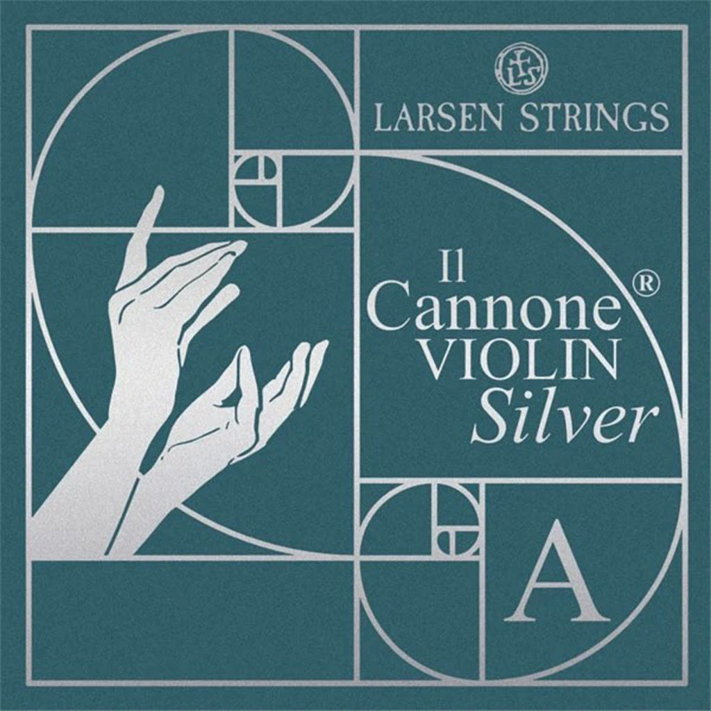 Larsen Il Cannone Silver violin A string package, teal box with silver golden-spiral and hands artwork
