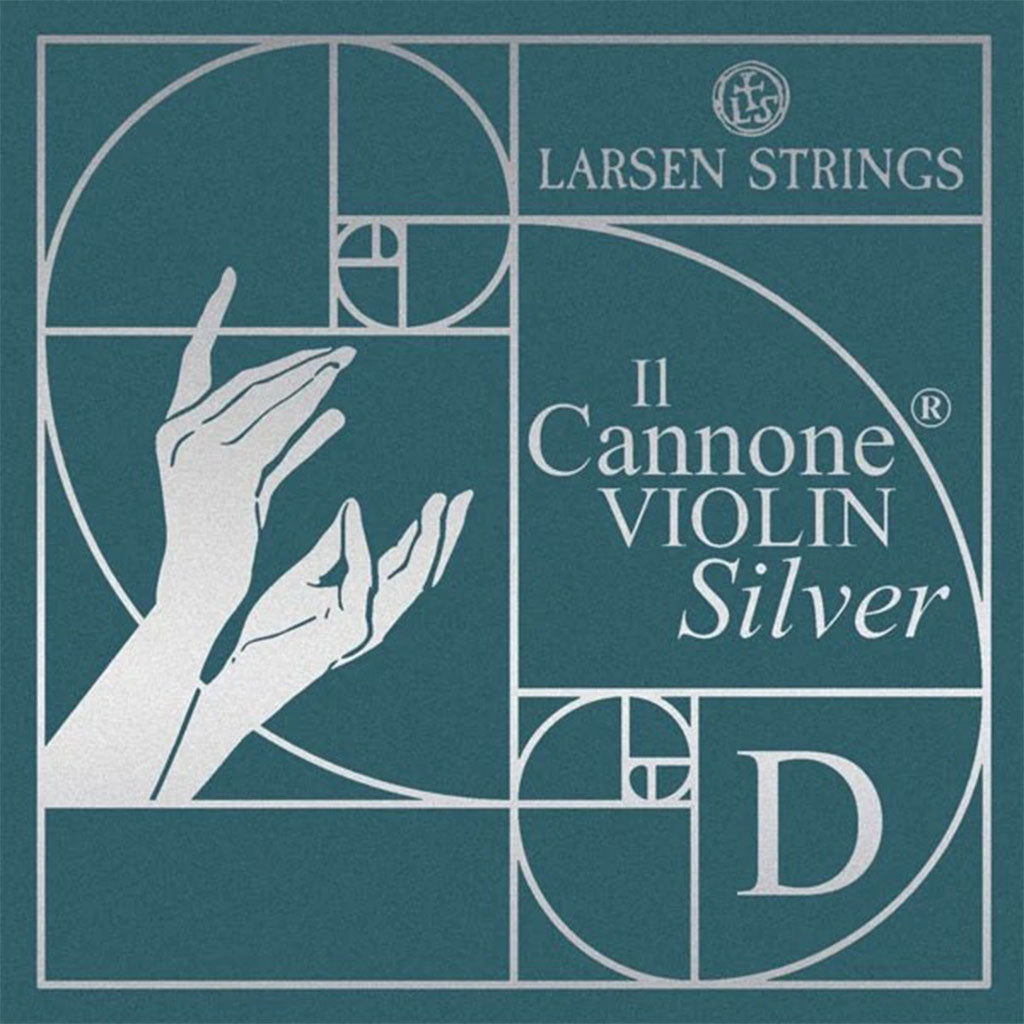 Larsen Il Cannone Silver violin D string package, teal box with silver golden-spiral and hands artwork