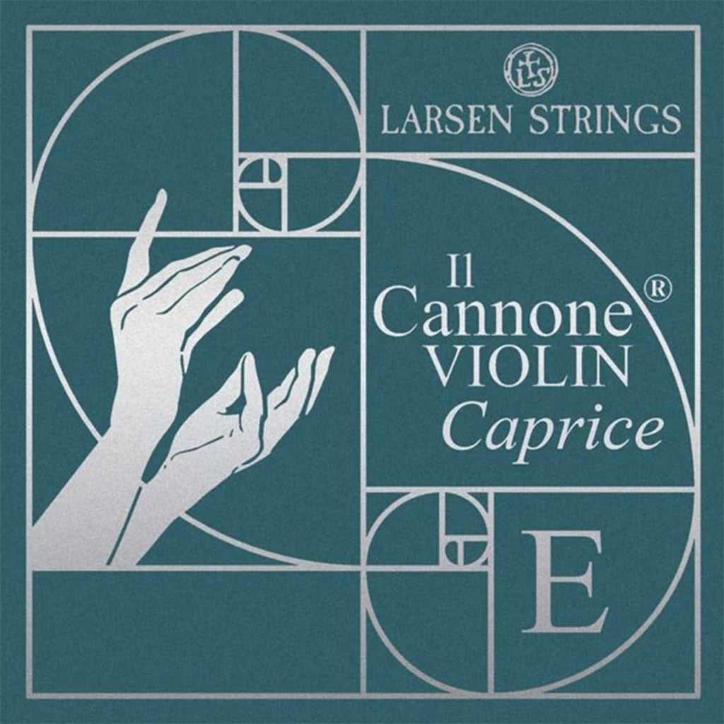 Larsen Il Cannone Caprice violin E string package, teal box with silver golden-spiral and hands artwork