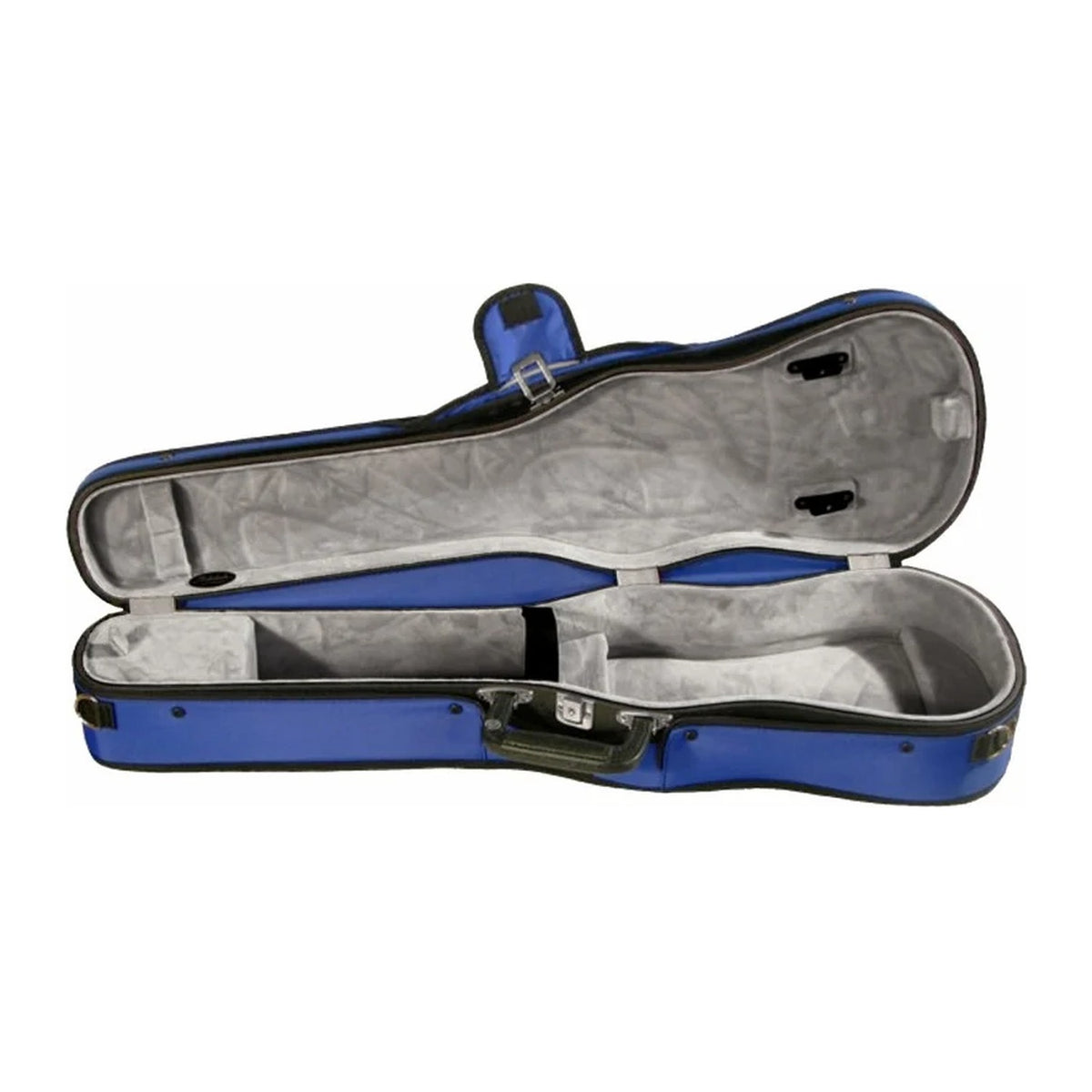 Bobelock 1007 Puffy shaped violin case, blue/gray, open with light gray interior