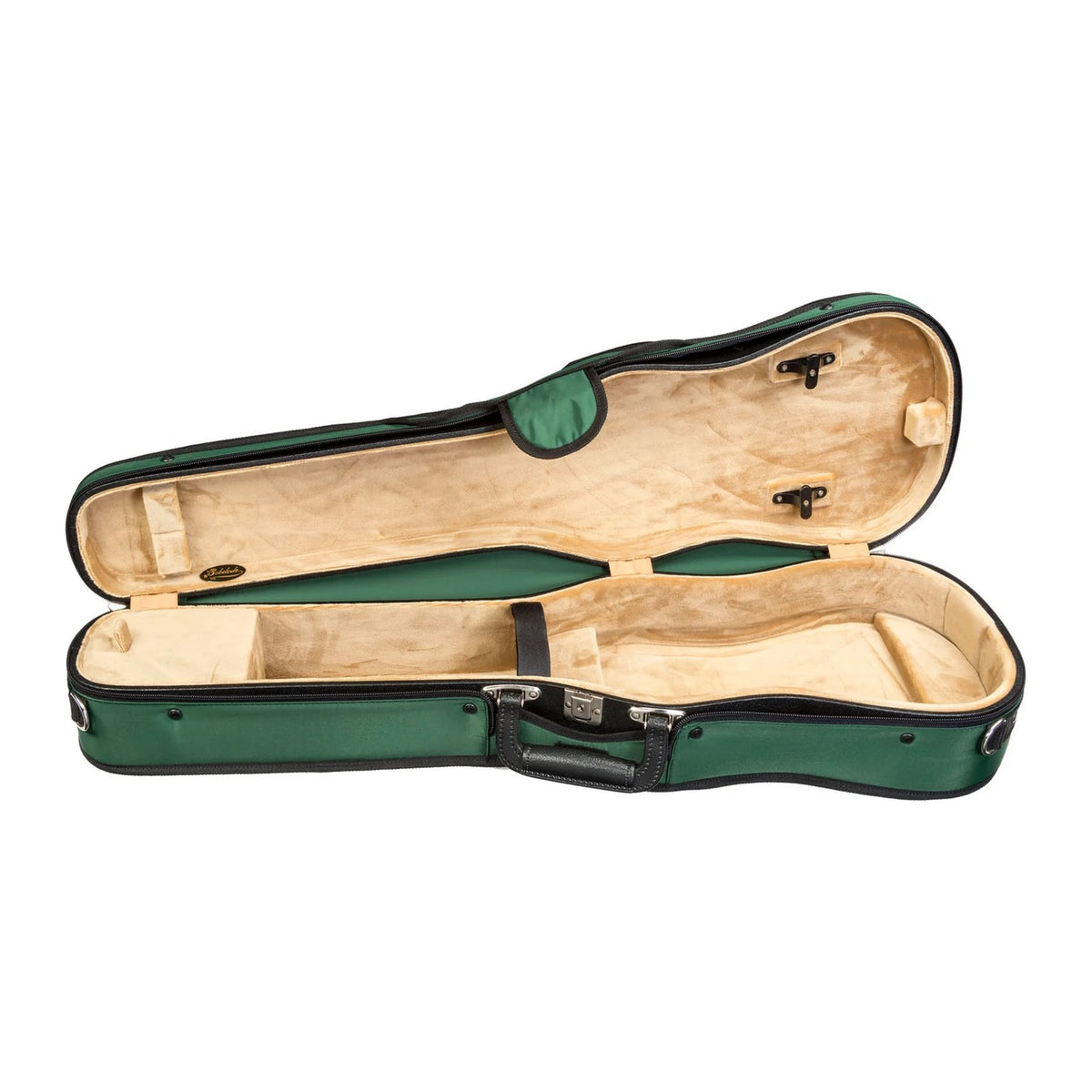 Bobelock 1007 Puffy shaped violin case, green/tan, open with tan interior