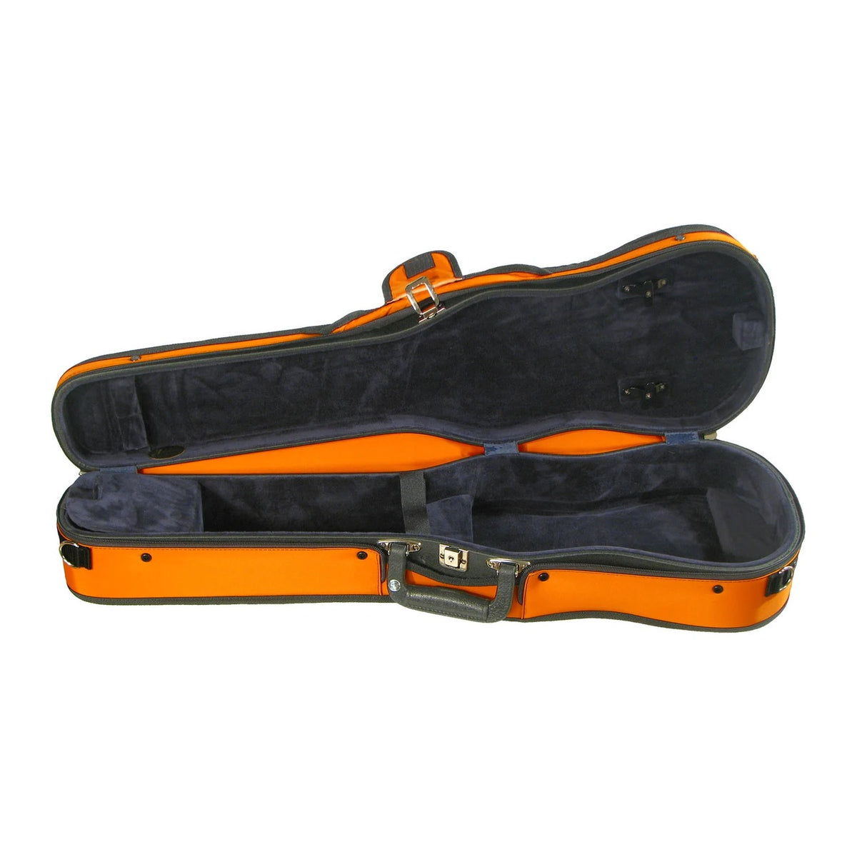 Bobelock 1007 Puffy shaped violin case, orange/blue, open with navy interior