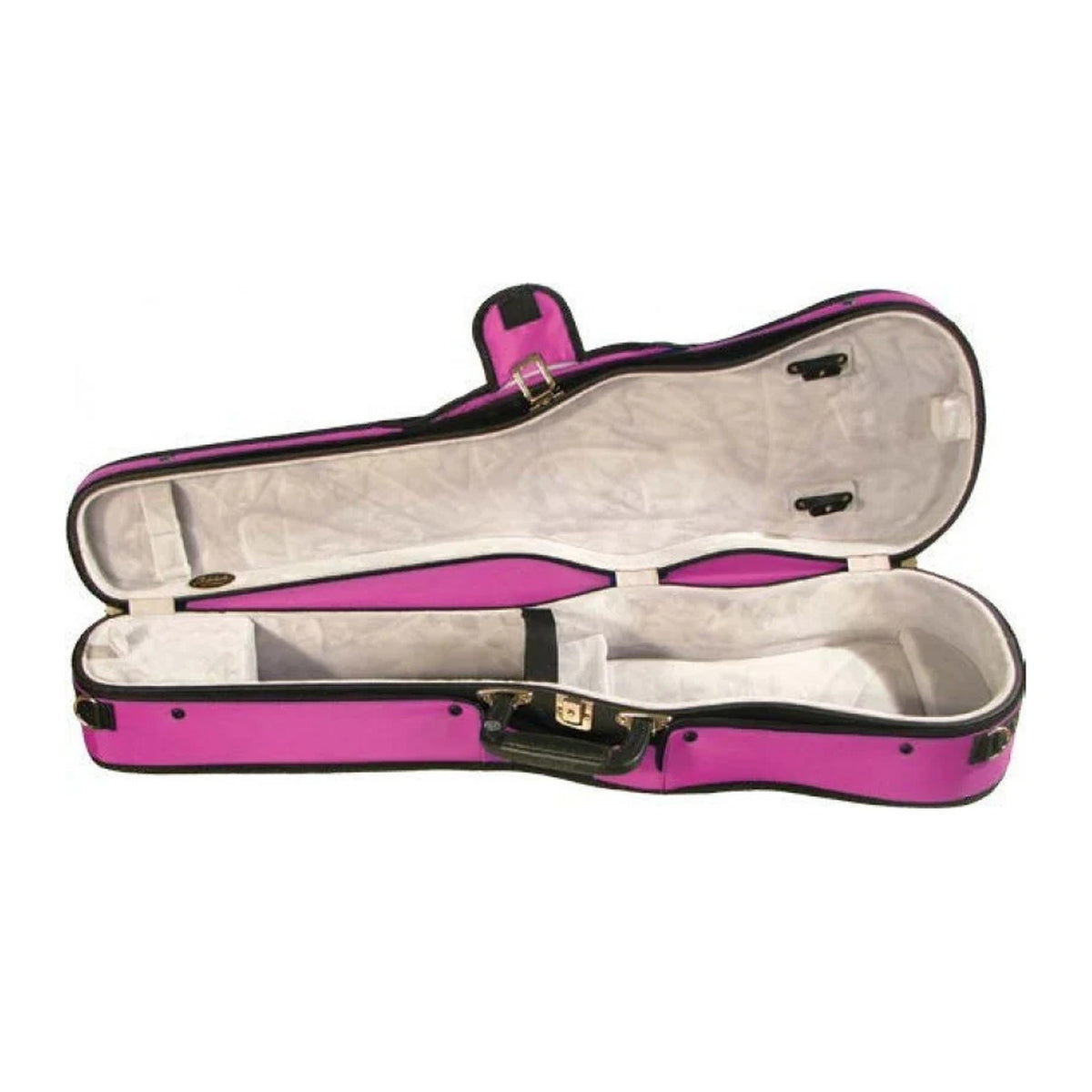 Bobelock 1007 Puffy shaped violin case, pink/gray, open with light gray interior