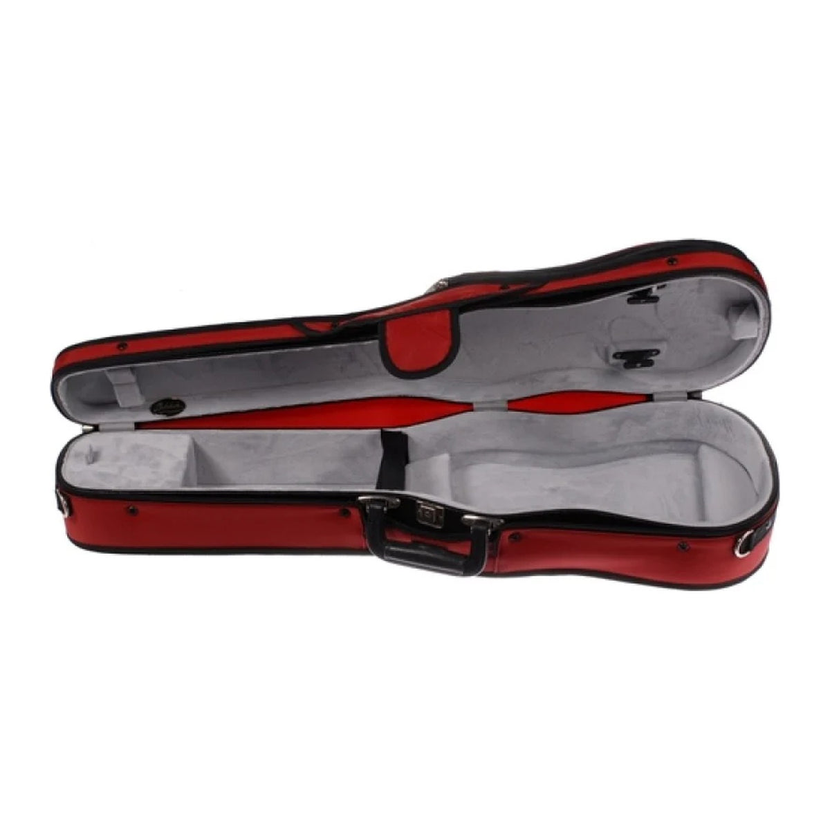 Bobelock 1007 Puffy shaped violin case, red/gray, open with gray interior