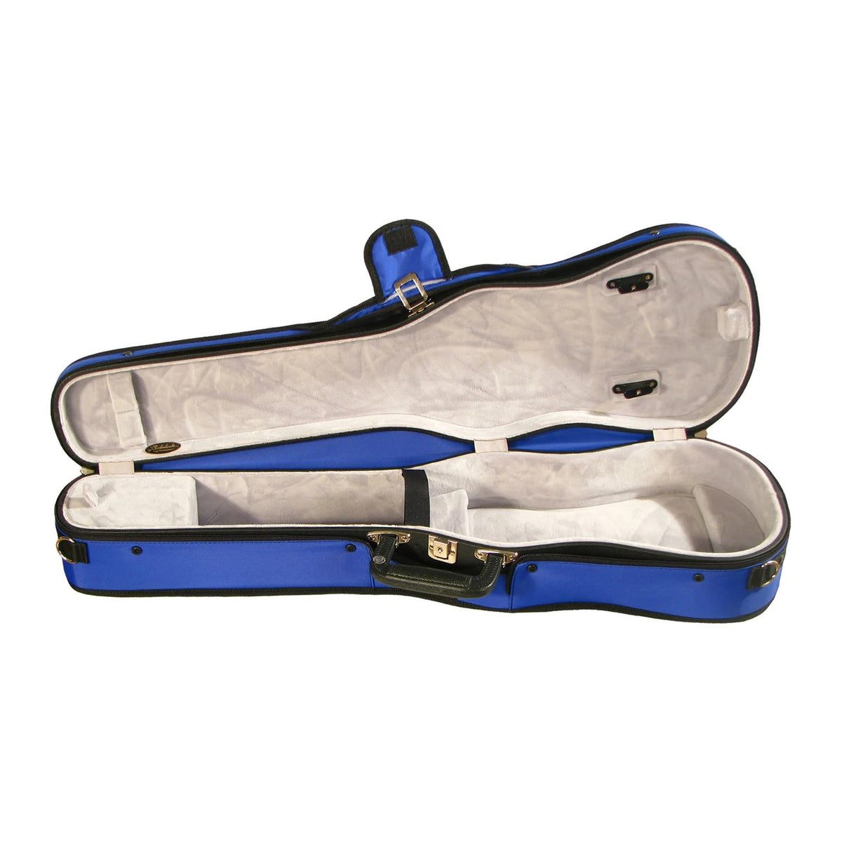 Bobelock 1007 Puffy shaped violin case, blue, open with light gray interior
