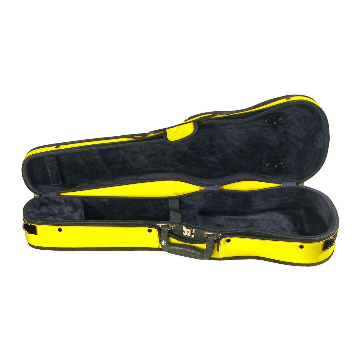 Bobelock 1007 Puffy shaped violin case, yellow/blue, open with navy interior