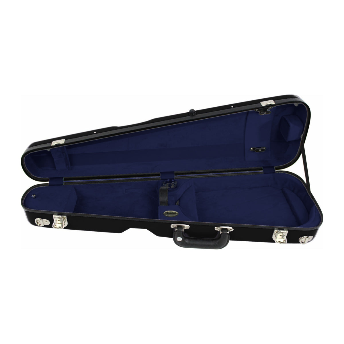 Bobelock 1027 fiberglass arrow violin case in Black/Blue, open showing navy plush interior