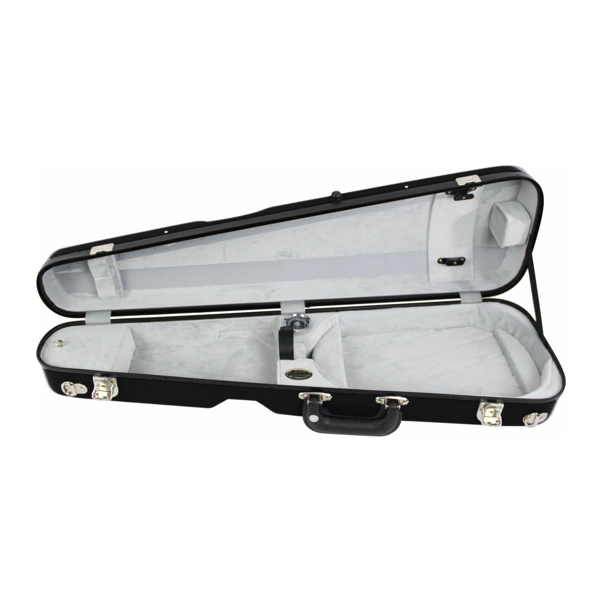 Bobelock 1027 fiberglass arrow violin case in Black/Gray, open showing gray plush interior
