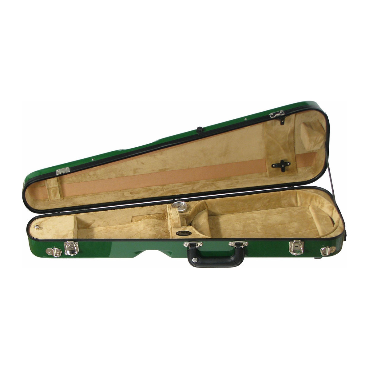 Bobelock 1027 fiberglass arrow violin case in Green/Tan, open showing tan plush interior