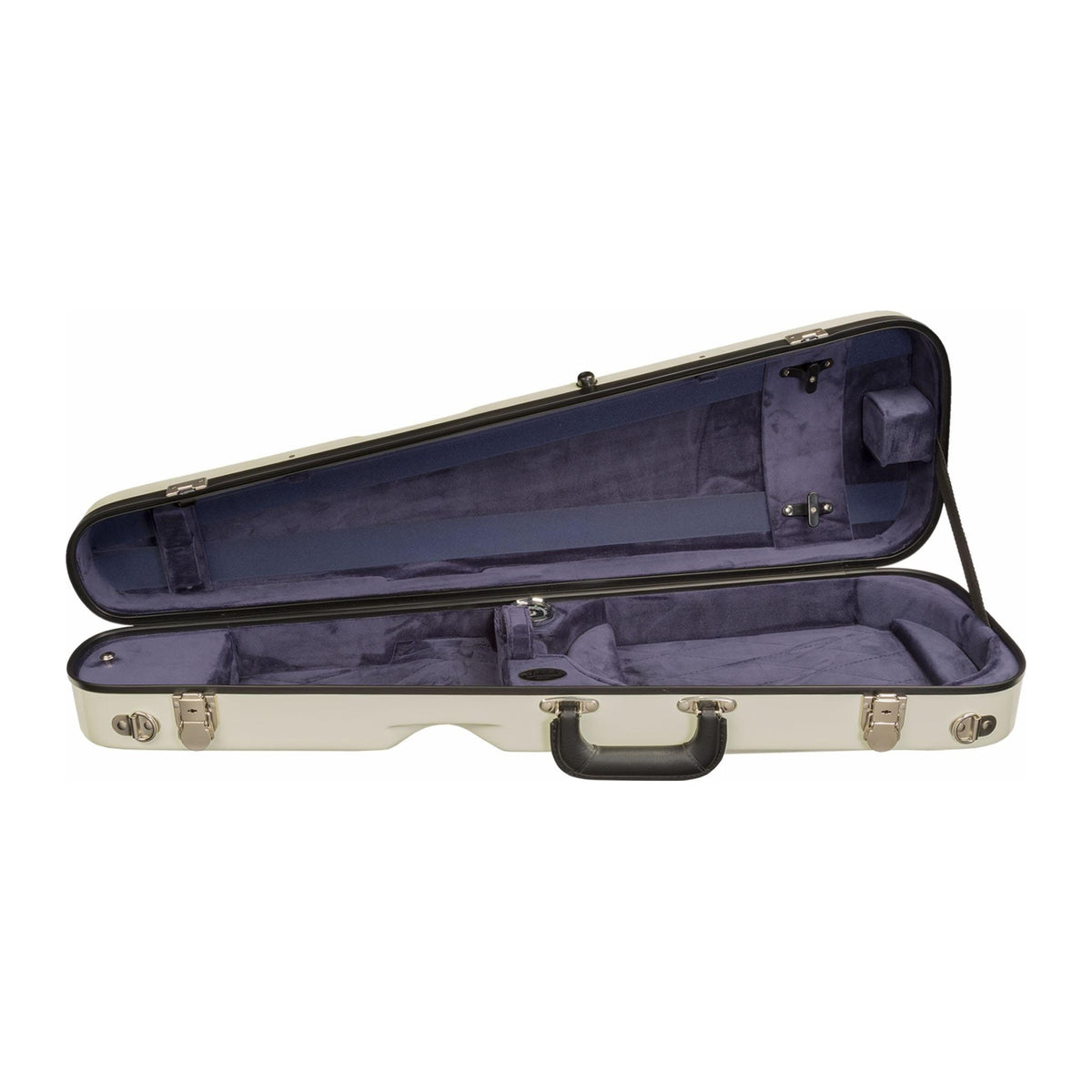 Bobelock 1027 fiberglass arrow violin case in Ivory/Blue, open showing blue plush interior
