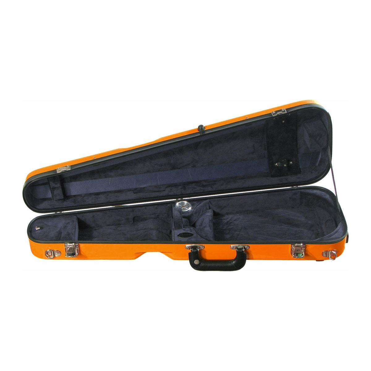 Bobelock 1027 fiberglass arrow violin case in Orange/Blue, open showing navy plush interior