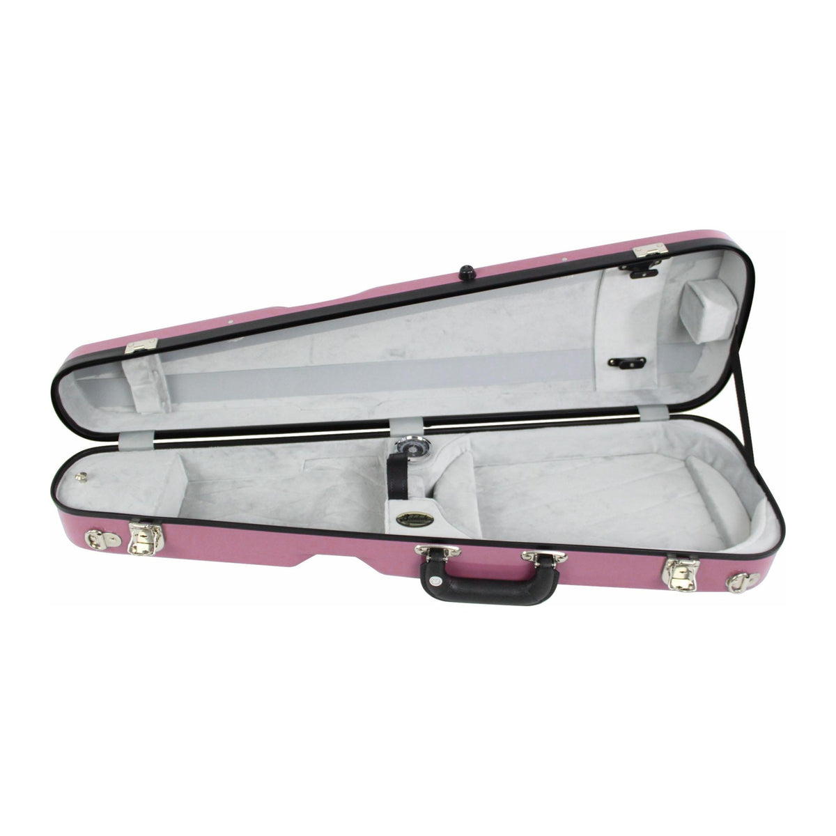 Bobelock 1027 fiberglass arrow violin case in Pink/Gray, open showing gray plush interior