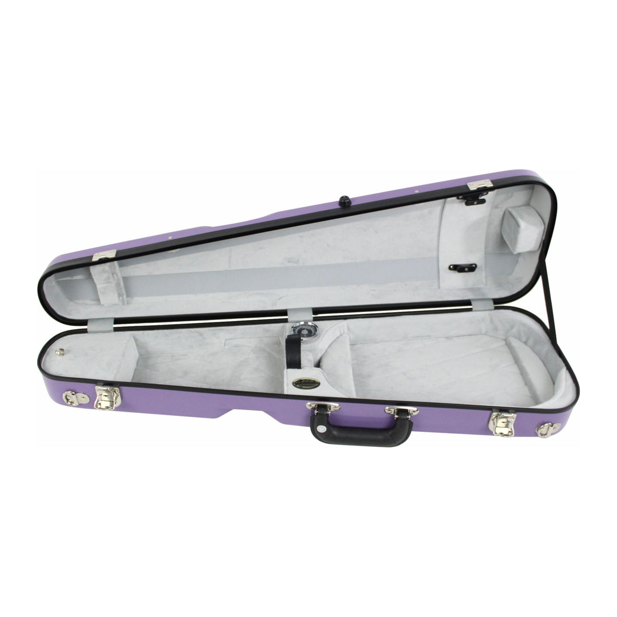Bobelock 1027 fiberglass arrow violin case in Purple/Gray, open showing gray plush interior