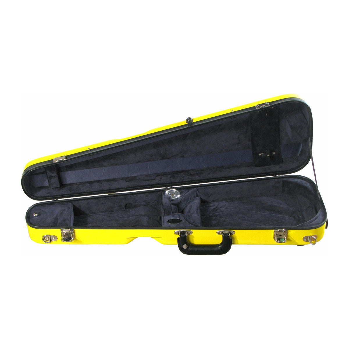 Bobelock 1027 fiberglass arrow violin case in Yellow/Blue, open showing navy plush interior