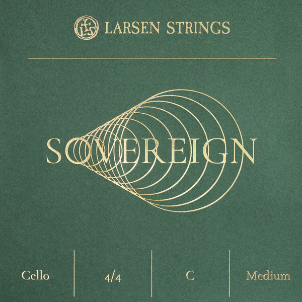 Larsen Strings cello C string packaging with 'Sovereign' branding on a green background