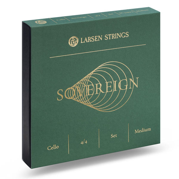 Larsen Strings Sovereign cello string set packaging on a white background