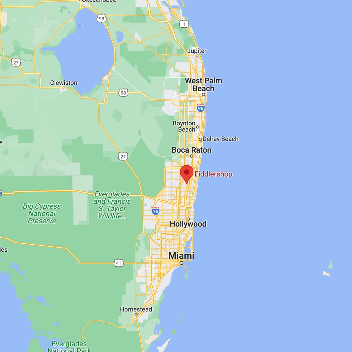 map of south florida highlighting the location of the violin shop Fiddlershop