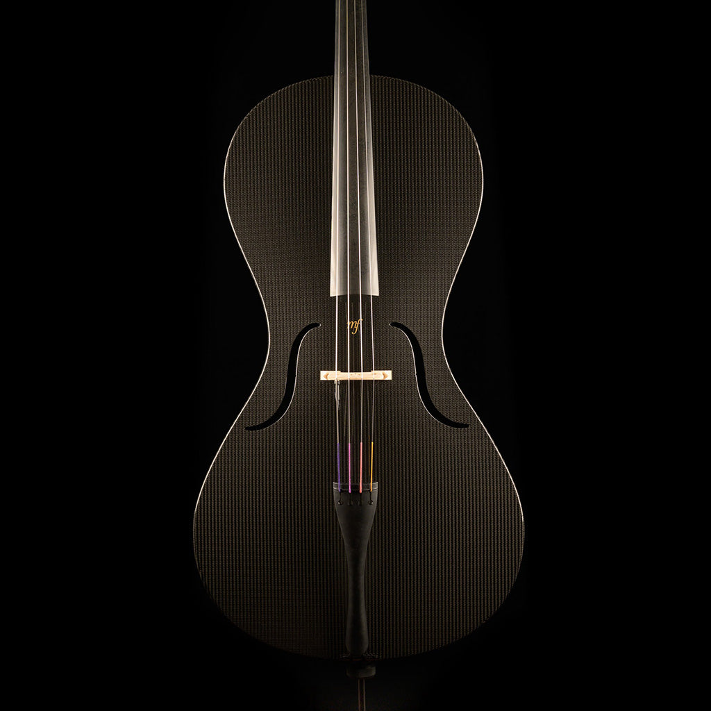 Front view of a Mezzo-Forte carbon fiber cello with a woven black finish, colorful string windings, and a gold mf logo, on a black background.