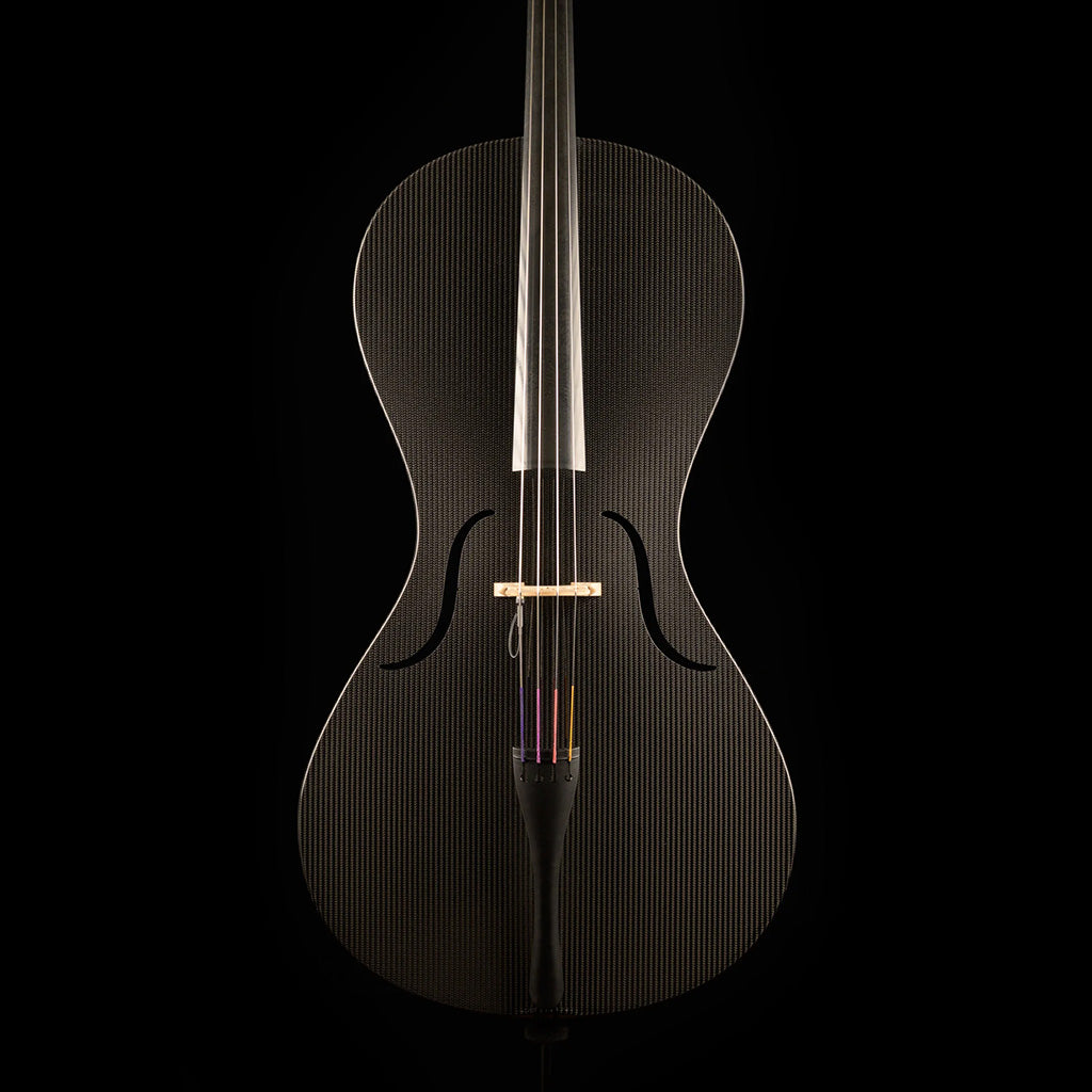Front view of a Mezzo-Forte carbon fiber cello with a woven black finish, colorful string windings, on a black background.
